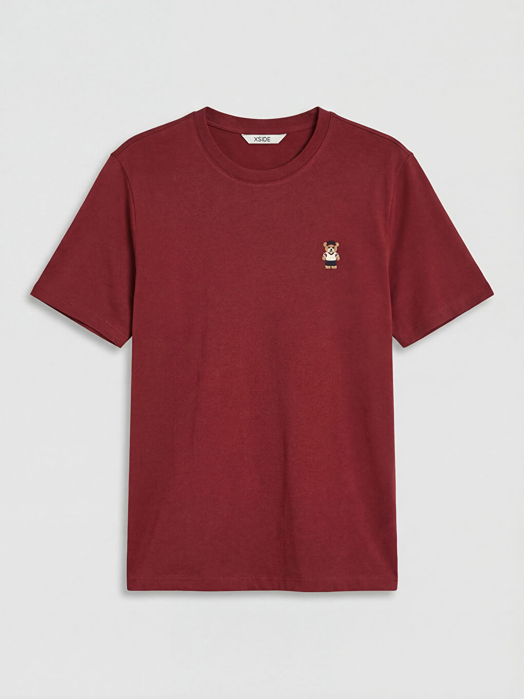 Bordo Bisiklet Yaka Nakışlı Erkek Tişört