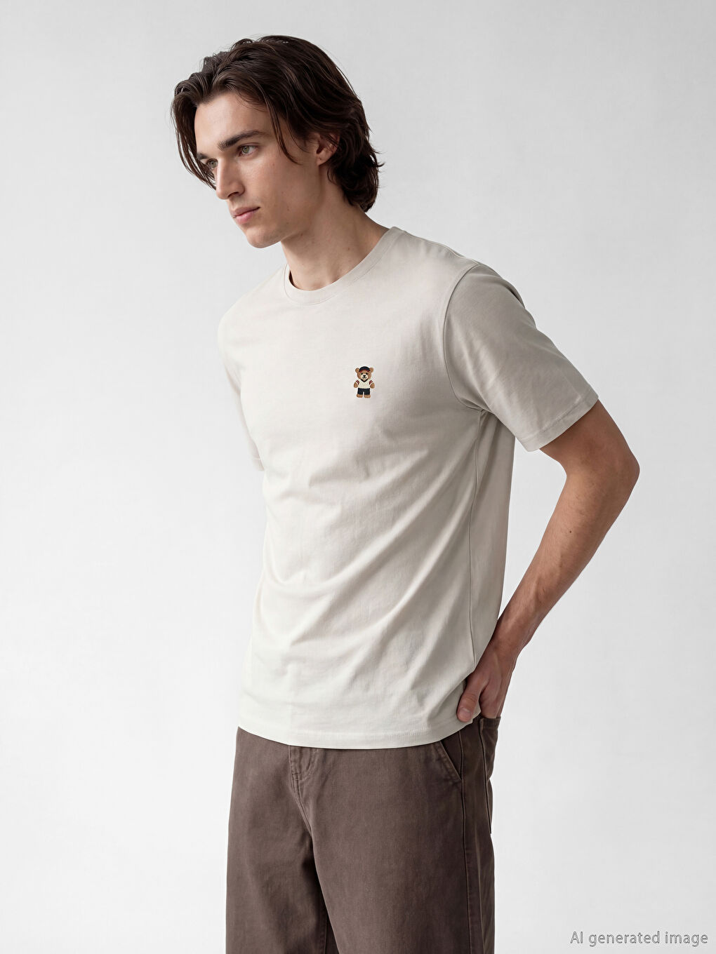 Bej Bisiklet Yaka Nakışlı Erkek Tişört