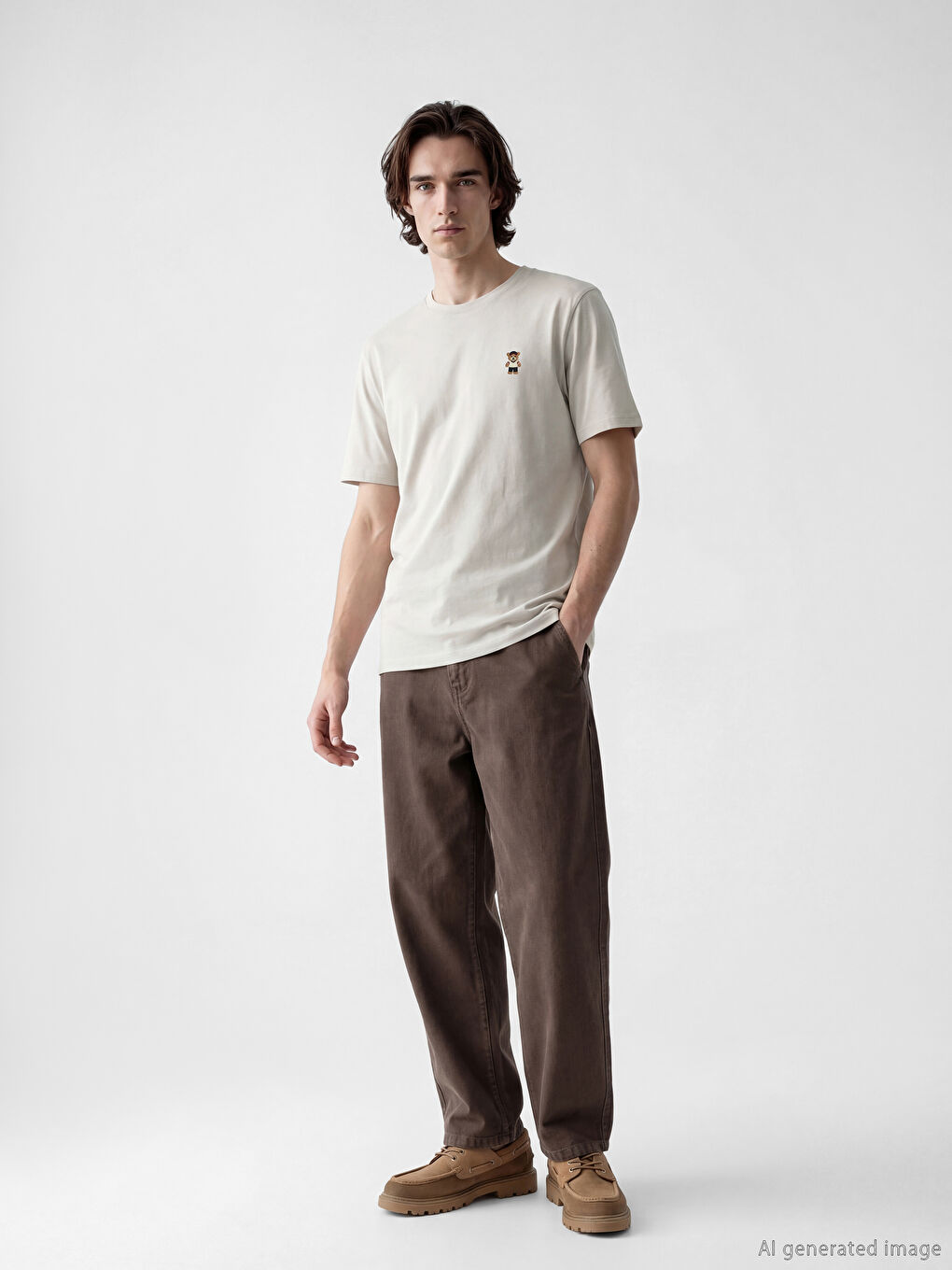 Bej Bisiklet Yaka Nakışlı Erkek Tişört-1