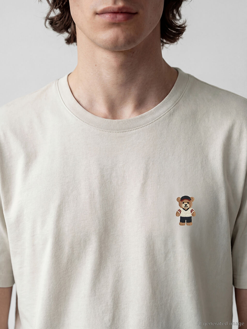 Bej Bisiklet Yaka Nakışlı Erkek Tişört-2