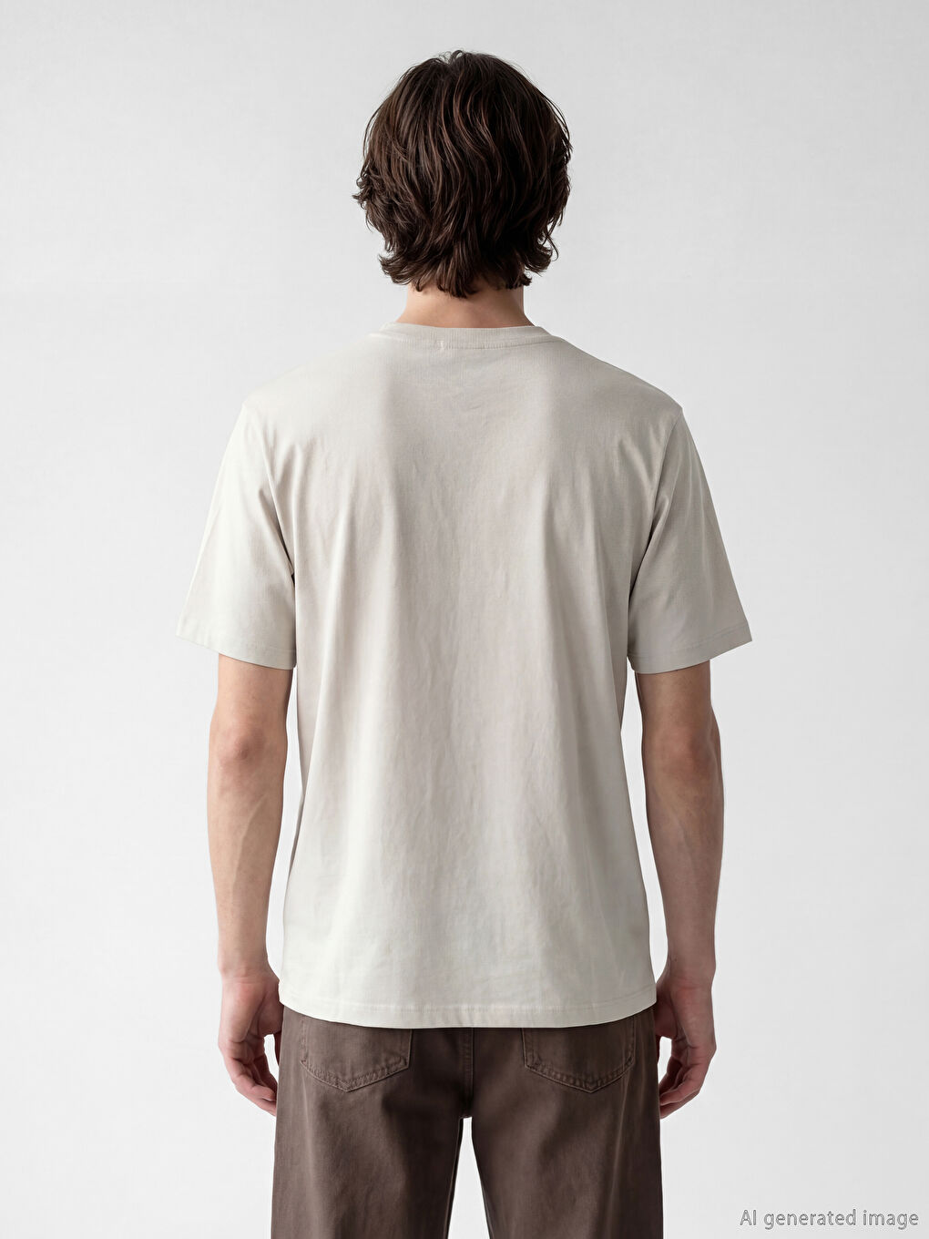 Bej Bisiklet Yaka Nakışlı Erkek Tişört-3