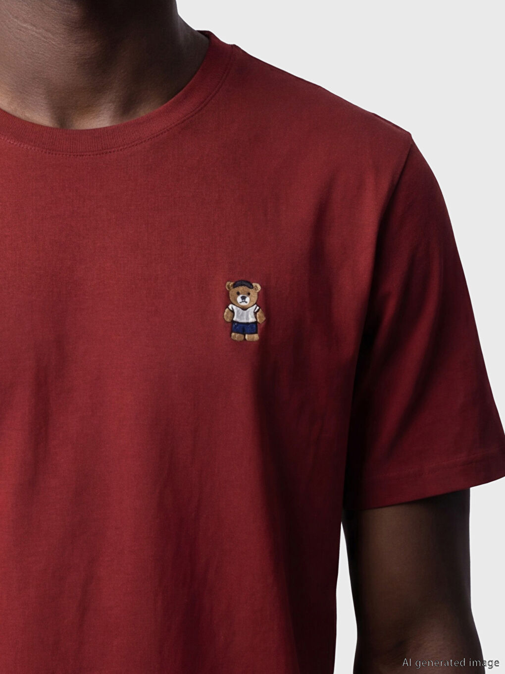 Bordo Bisiklet Yaka Ayı Teddy Nakışlı Erkek Tişört-2