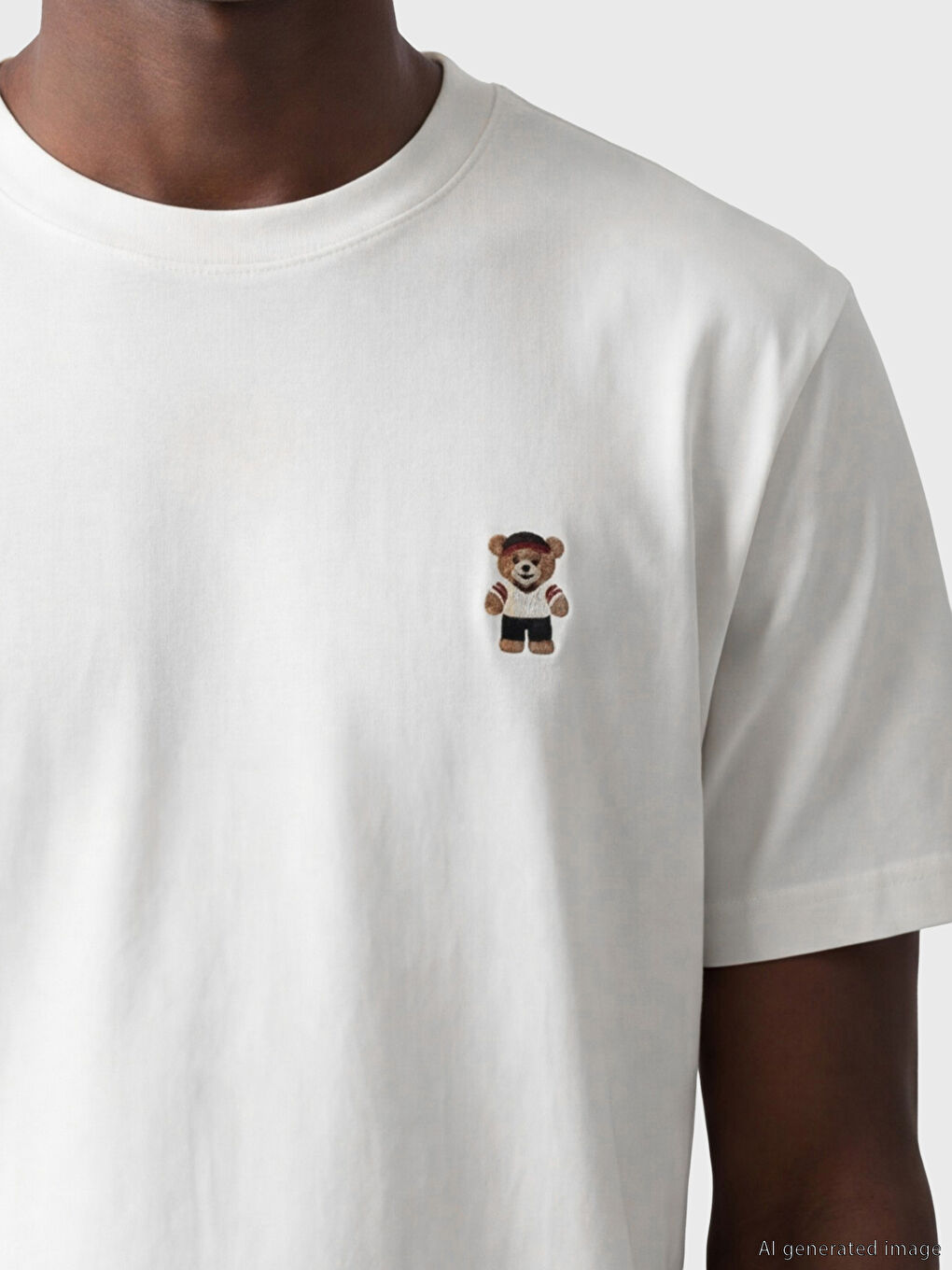 Ekru Bisiklet Yaka Ayı Teddy Nakışlı Erkek Tişört-2