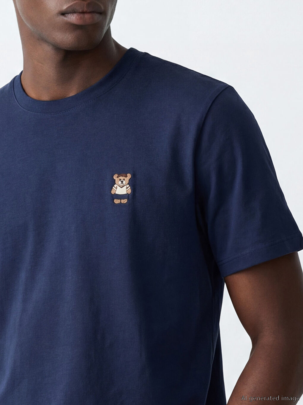 Lacivert Bisiklet Yaka Ayı Teddy Nakışlı Erkek Tişört-2