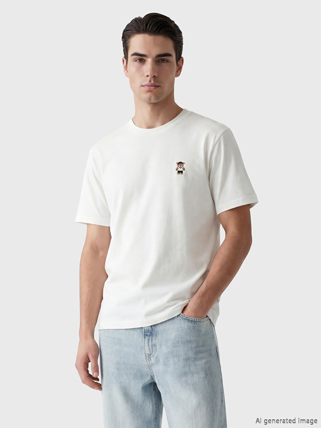 Crew Neck Bear Teddy Embroidered Men's T-Shirt