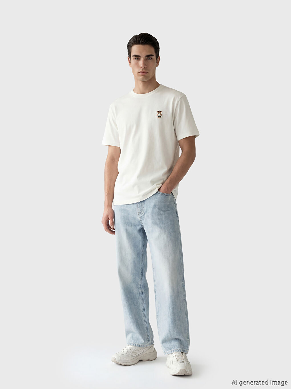 Crew Neck Bear Teddy Embroidered Men's T-Shirt-1