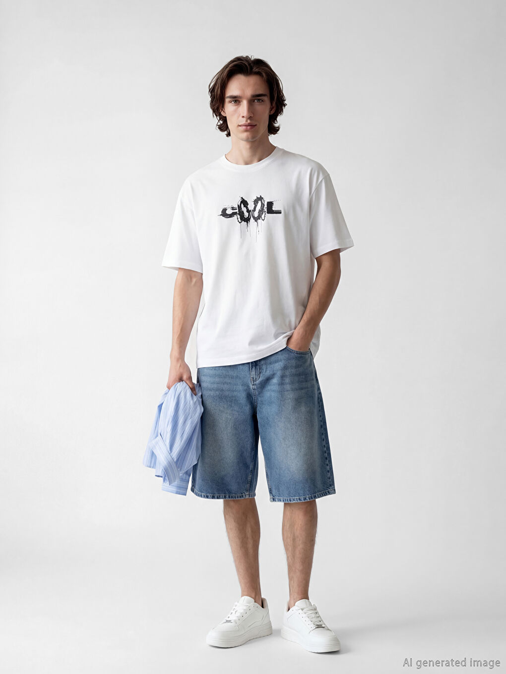 Beyaz Bisiklet Yaka Baskılı Erkek Tişört-1