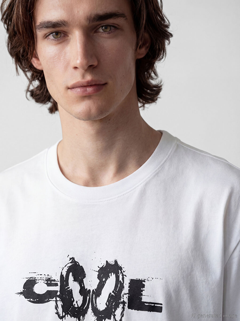 Beyaz Bisiklet Yaka Baskılı Erkek Tişört-2