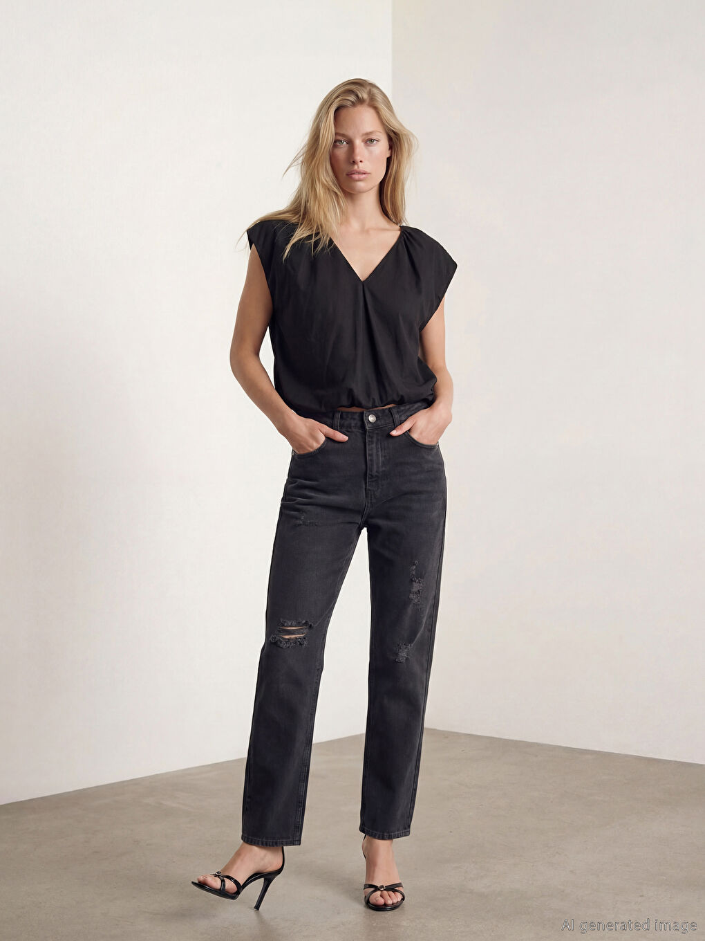 Siyah Straight Fit Yırtık Detaylı Kadın Jean Pantolon