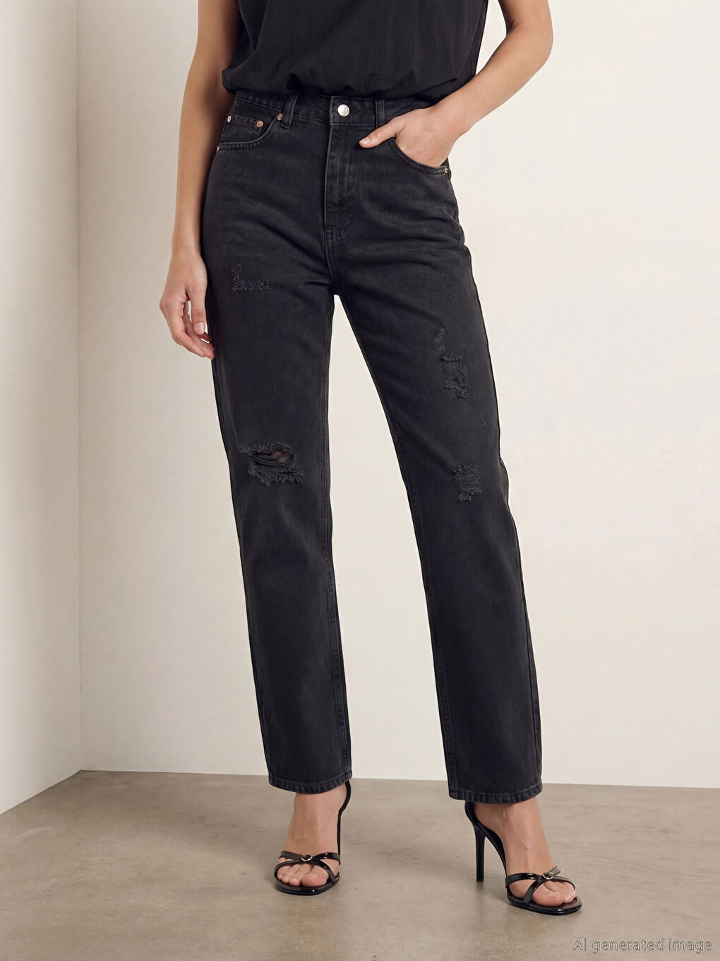 Siyah Straight Fit Yırtık Detaylı Kadın Jean Pantolon-1