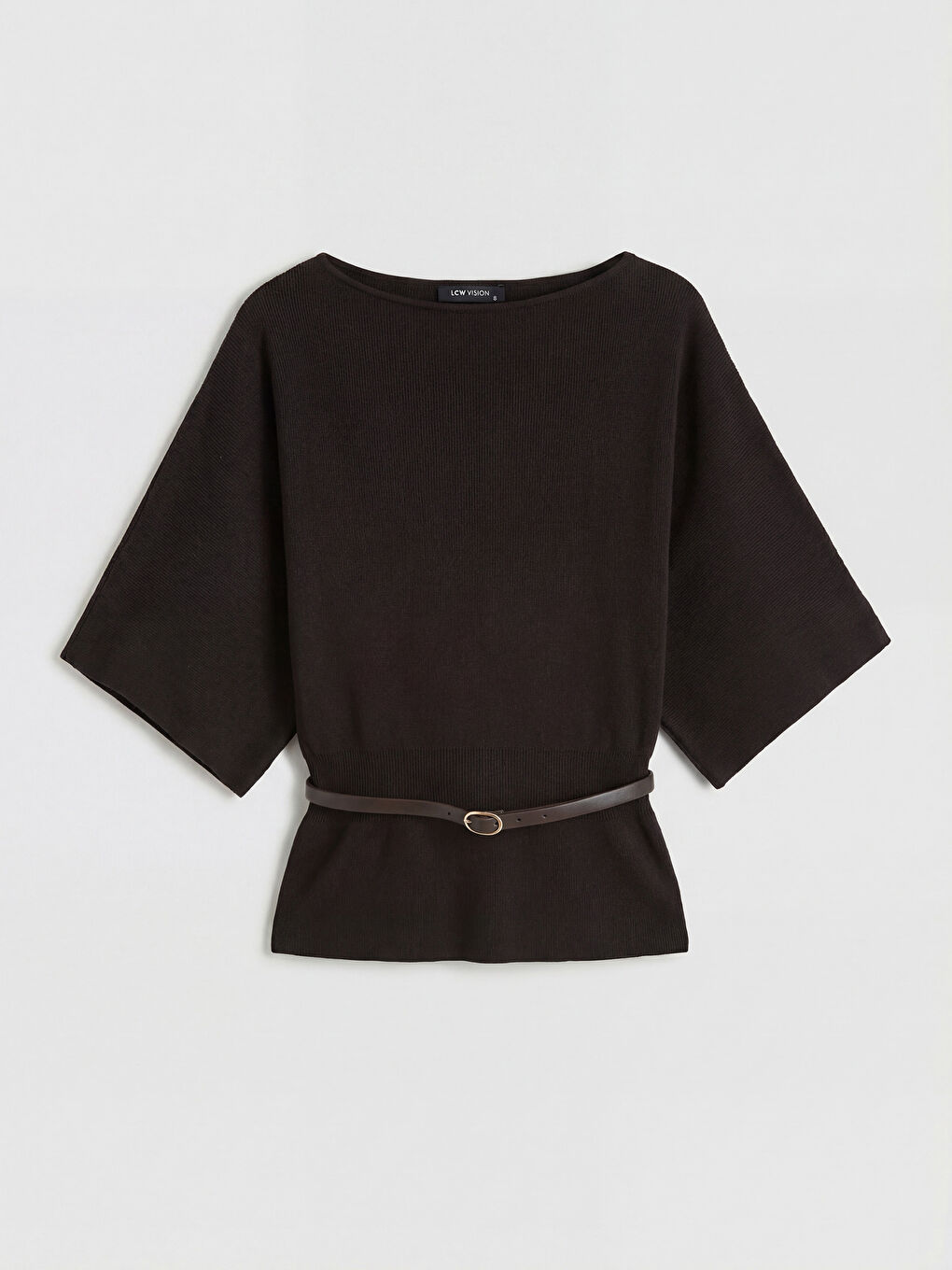 Kahverengi Kayık Yaka Beli Kemerli Kadın Triko Kazak	