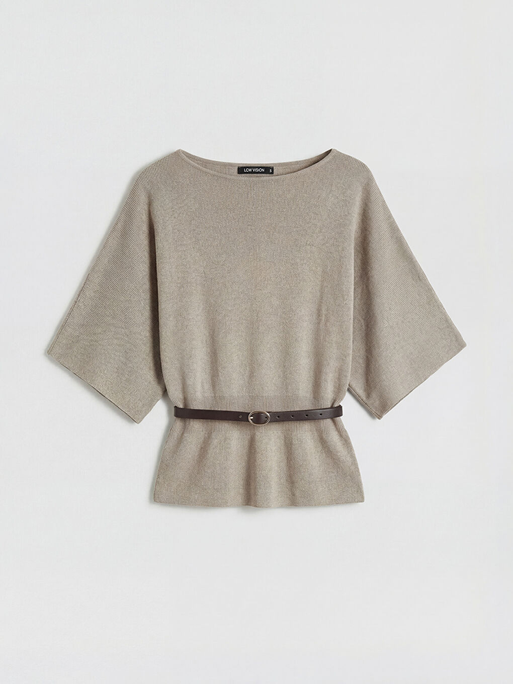 Bej Kayık Yaka Beli Kemerli Kadın Triko Kazak	-4