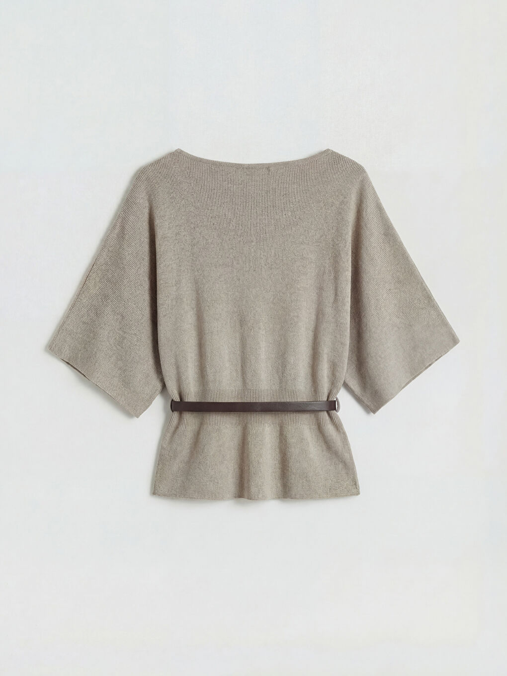 Bej Kayık Yaka Beli Kemerli Kadın Triko Kazak	-5