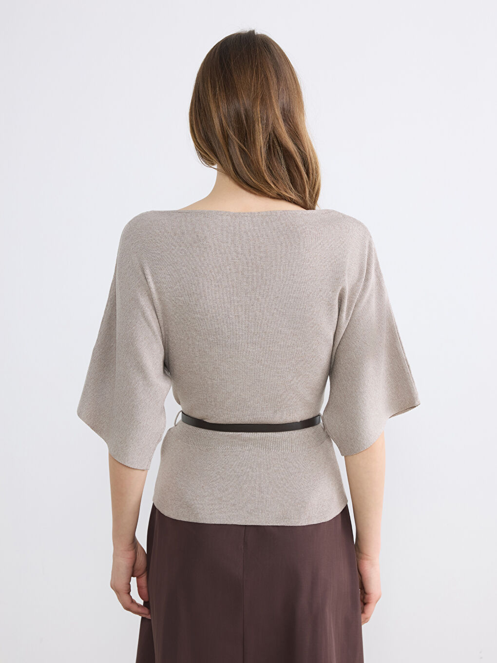 Bej Kayık Yaka Beli Kemerli Kadın Triko Kazak	-3