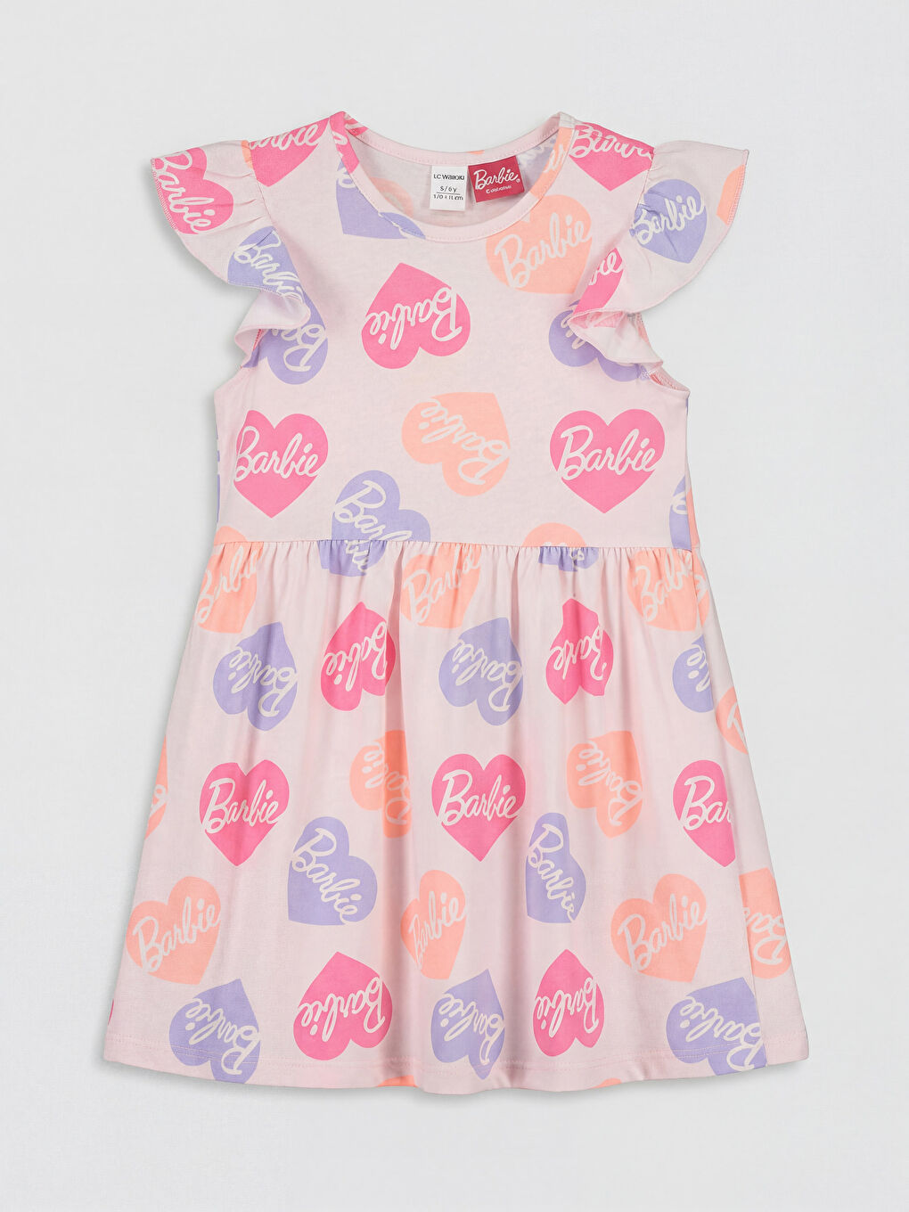 Ekru Bisiklet Yaka Barbie Baskılı Kız Çocuk Penye Elbise