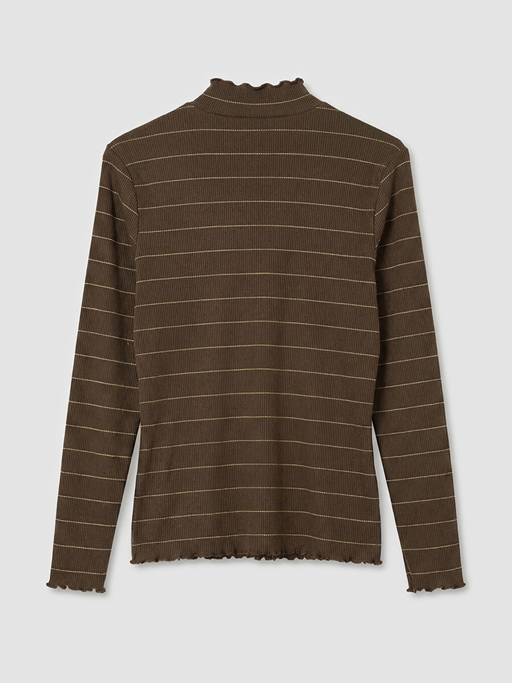 Kahverengi Fırfırlı Dik Yaka Çizgili Kadın Body	-1