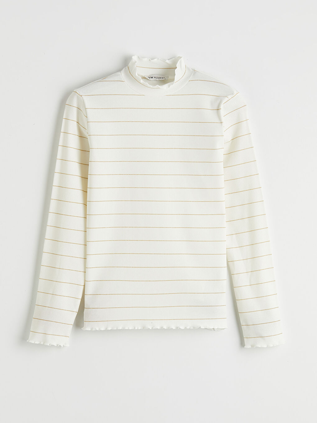 Ekru Fırfırlı Dik Yaka Çizgili Kadın Body