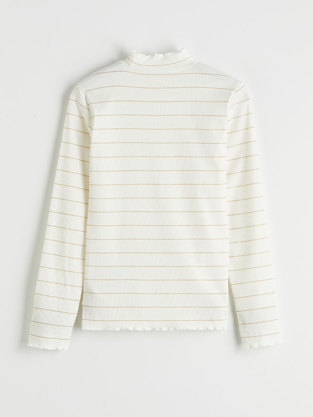 Ekru Fırfırlı Dik Yaka Çizgili Kadın Body-1