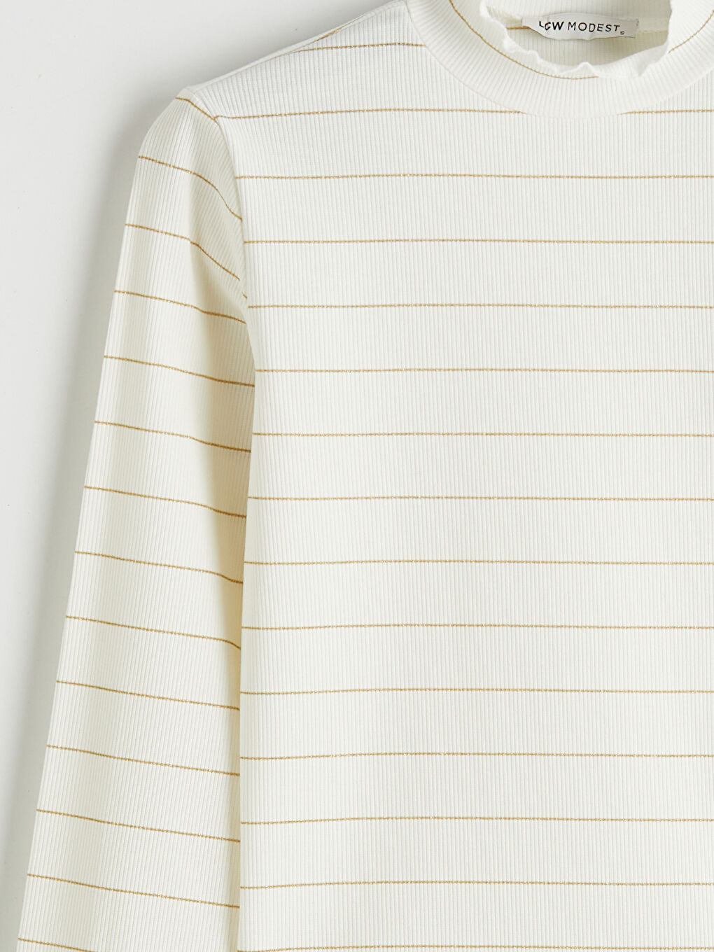 Ekru Fırfırlı Dik Yaka Çizgili Kadın Body-2