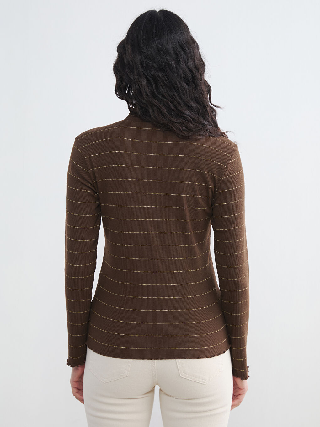 Kahverengi Fırfırlı Dik Yaka Çizgili Kadın Body	-3