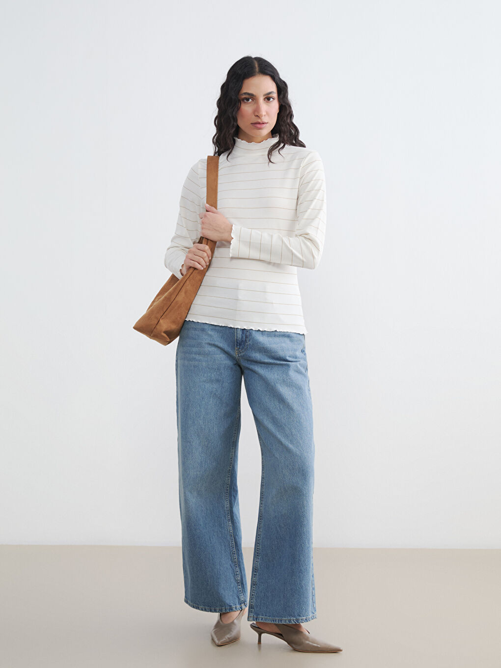 Frilled Mock Neck Striped Women's Body-1