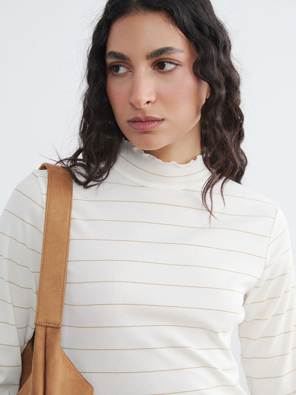 Frilled Mock Neck Striped Women's Body-2
