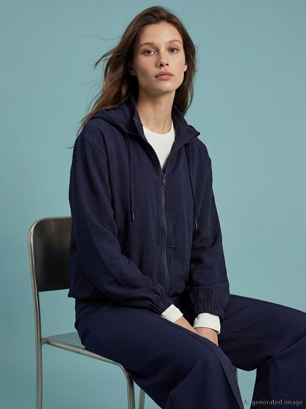 Lacivert Kapüşonlu Kadın Fermuarlı Tunik