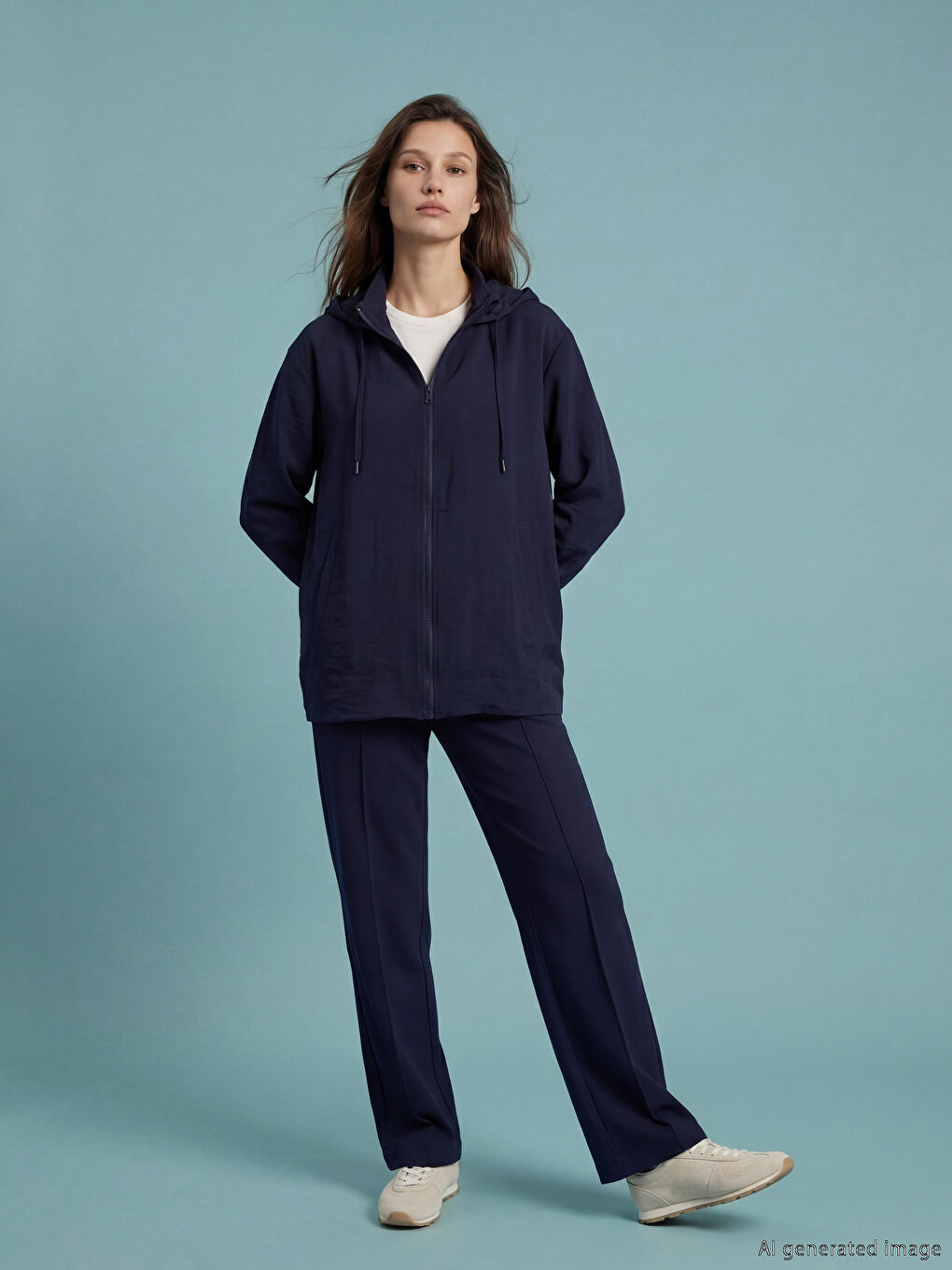 Lacivert Kapüşonlu Kadın Fermuarlı Tunik-1