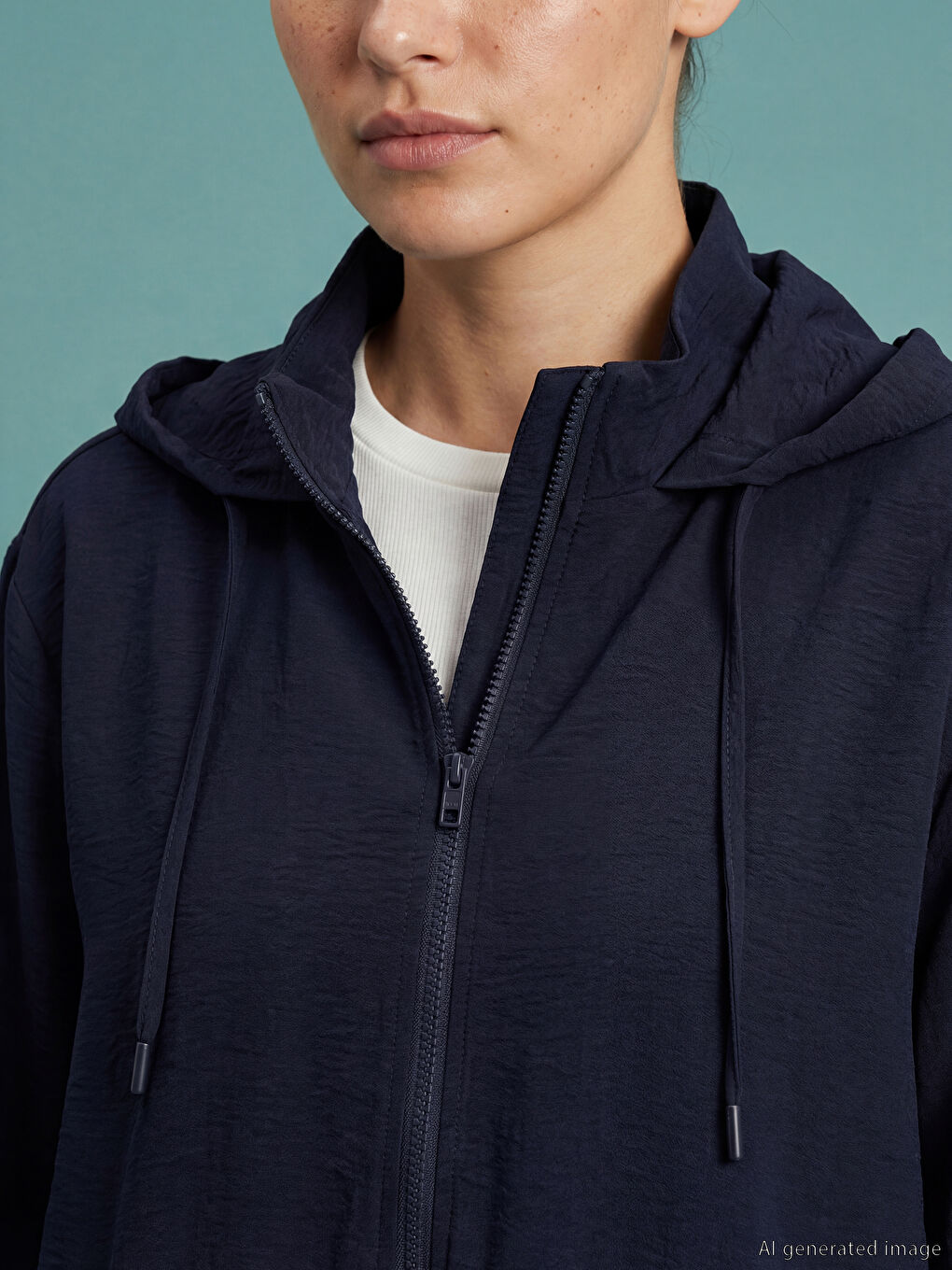 Lacivert Kapüşonlu Kadın Fermuarlı Tunik-2