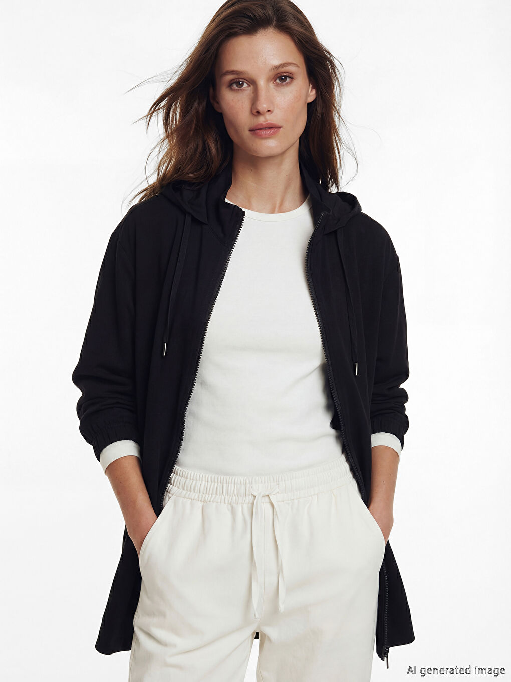 Siyah Kapüşonlu Kadın Fermuarlı Tunik