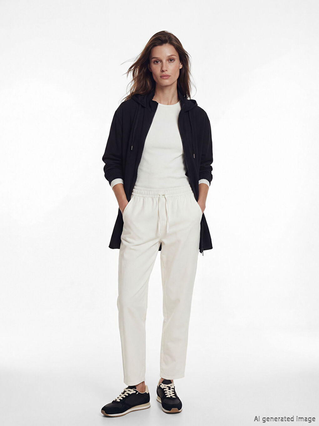 Siyah Kapüşonlu Kadın Fermuarlı Tunik-1