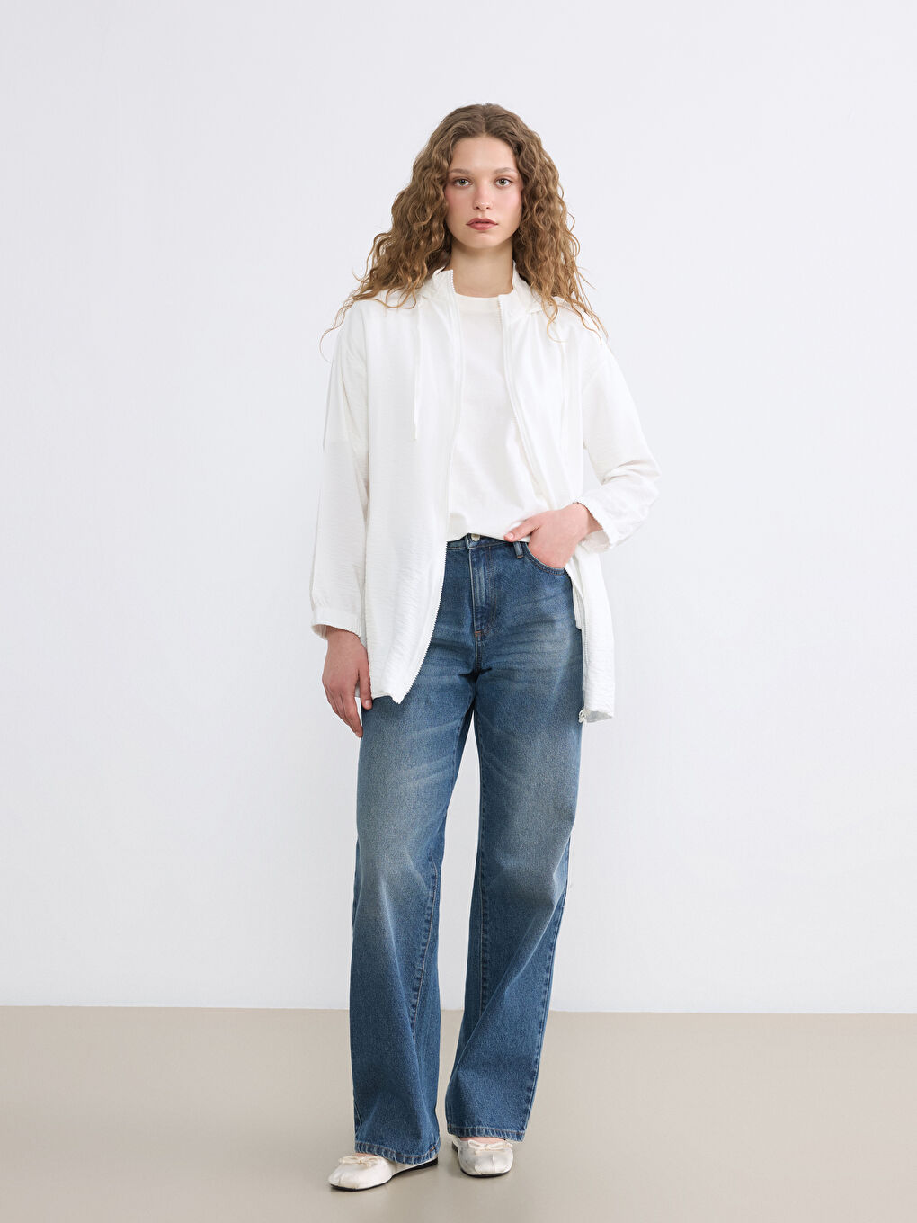 Ekru Kapüşonlu Kadın Fermuarlı Tunik-1