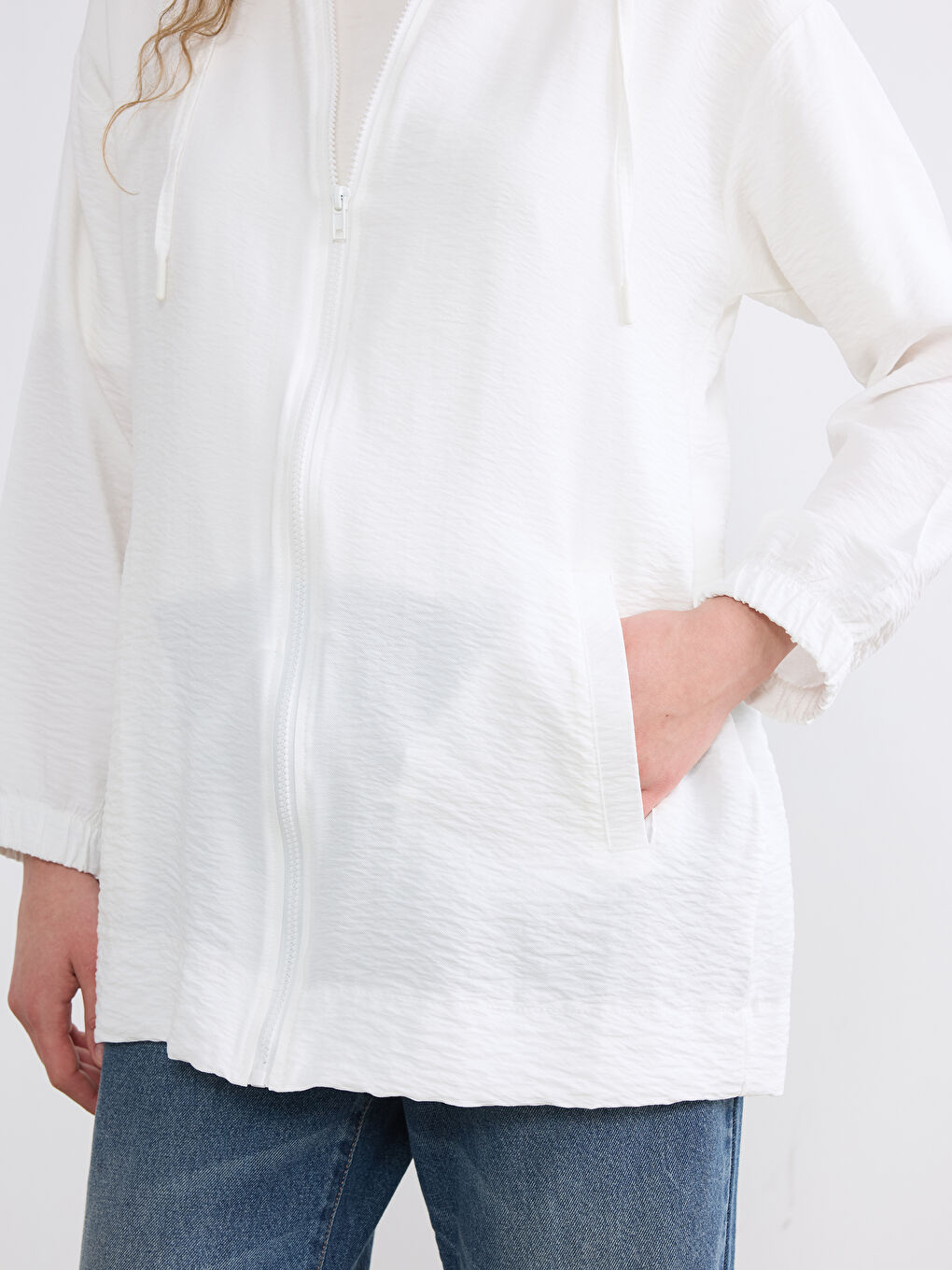Ekru Kapüşonlu Kadın Fermuarlı Tunik-2