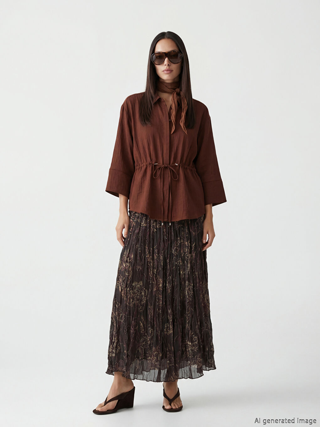 Karışık Beli Lastikli Desenli Pileli Etek