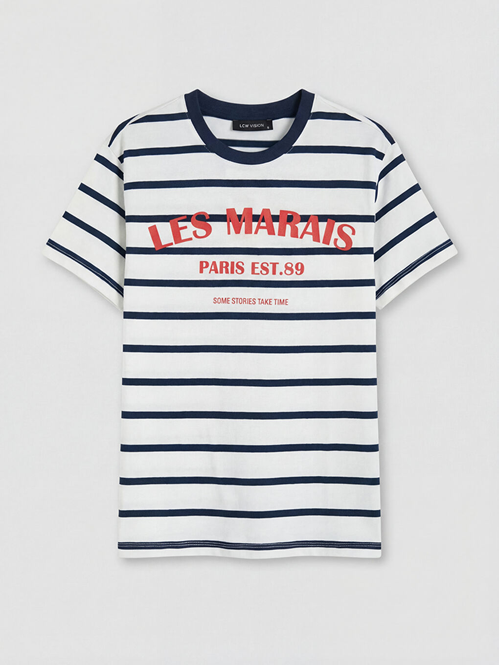 Lacivert Bisiklet Yaka Çizgili Kadın Tişört-4