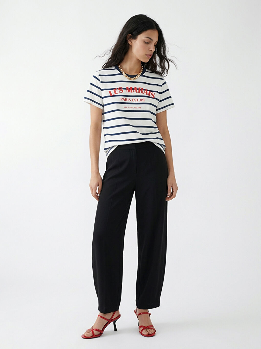 Lacivert Bisiklet Yaka Çizgili Kadın Tişört-1