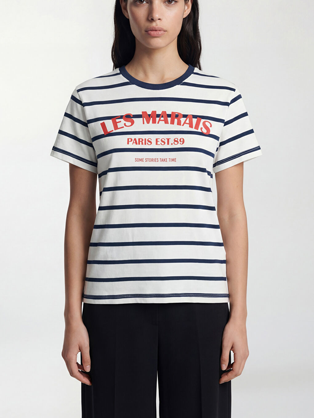 Lacivert Bisiklet Yaka Çizgili Kadın Tişört-2