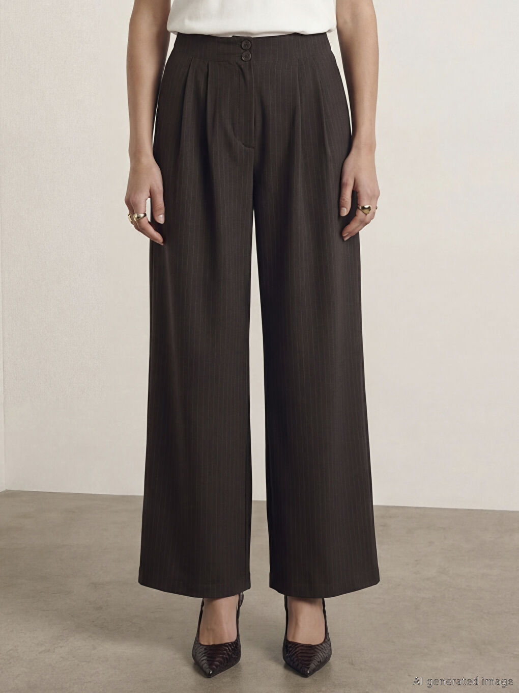 Kahverengi Yüksek Bel Geniş Paça Pileli Kadın Kumaş Pantolon-1