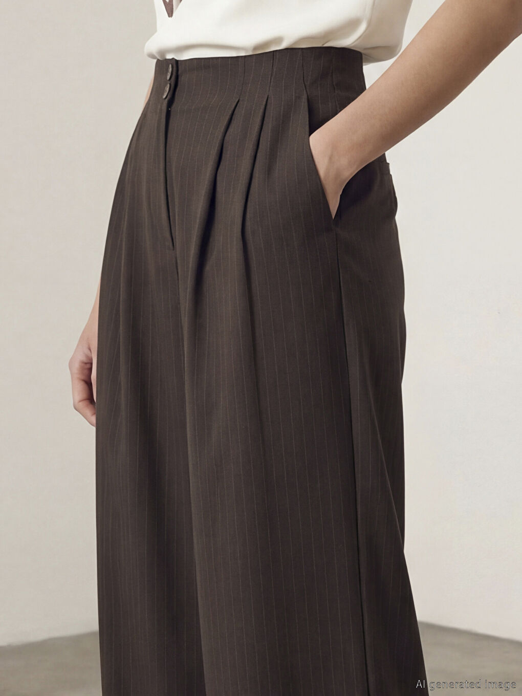 Kahverengi Yüksek Bel Geniş Paça Pileli Kadın Kumaş Pantolon-2