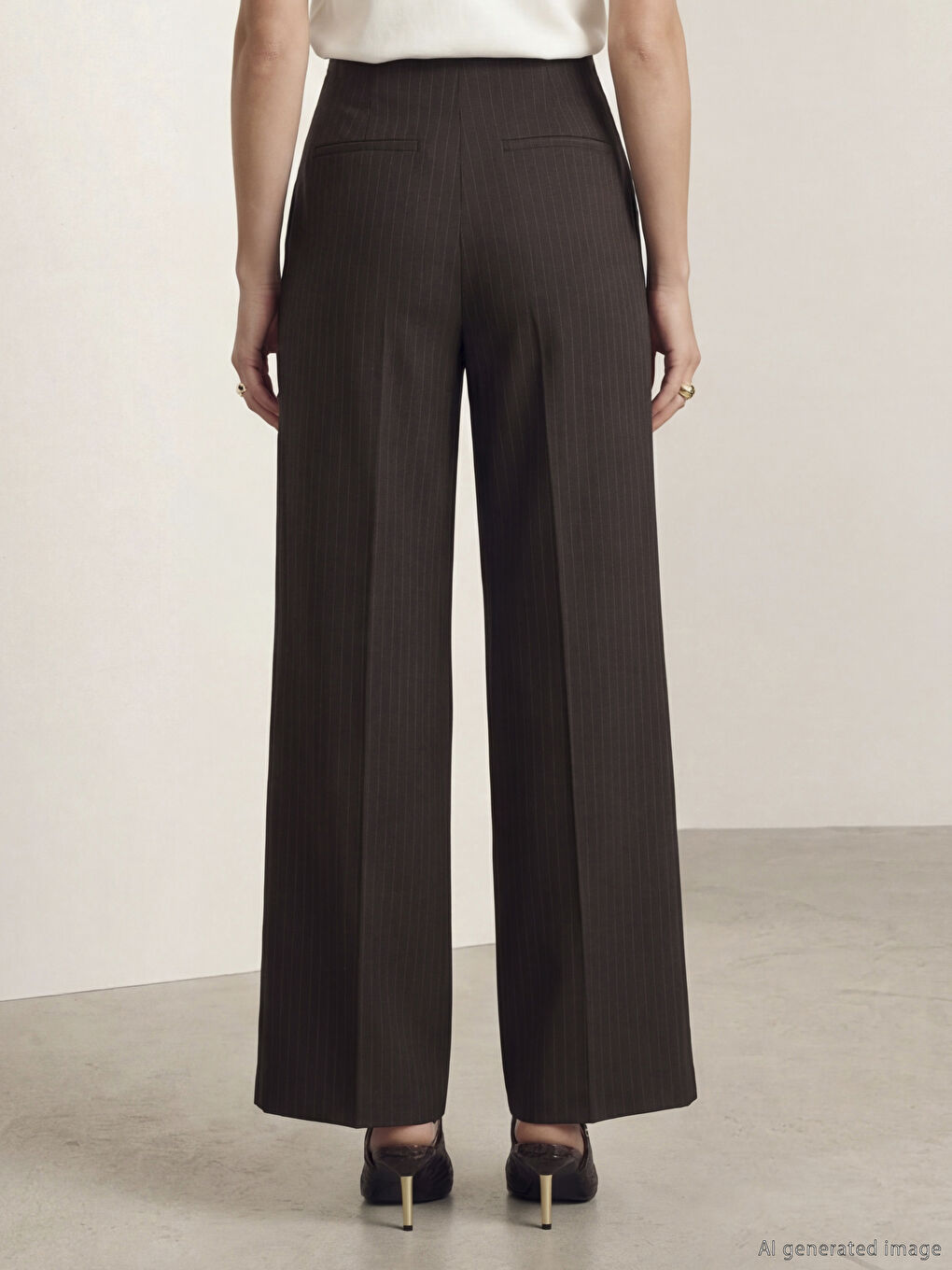 Kahverengi Yüksek Bel Geniş Paça Pileli Kadın Kumaş Pantolon-3