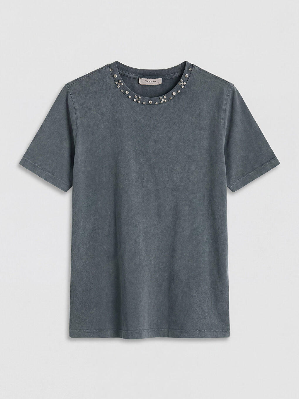 Antrasit Bisiklet Yaka Taşlı Kadın Tişört-4