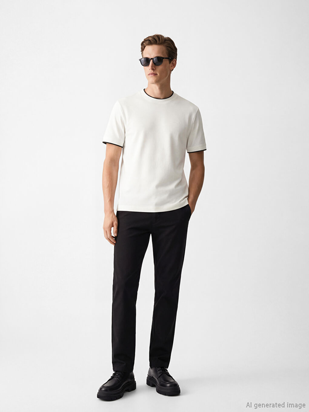 Ekru Bisiklet Yaka Nakışlı Erkek Tişört-1