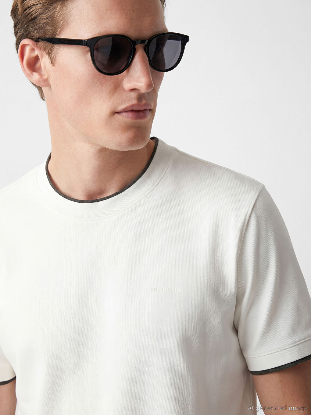 Ekru Bisiklet Yaka Nakışlı Erkek Tişört-2