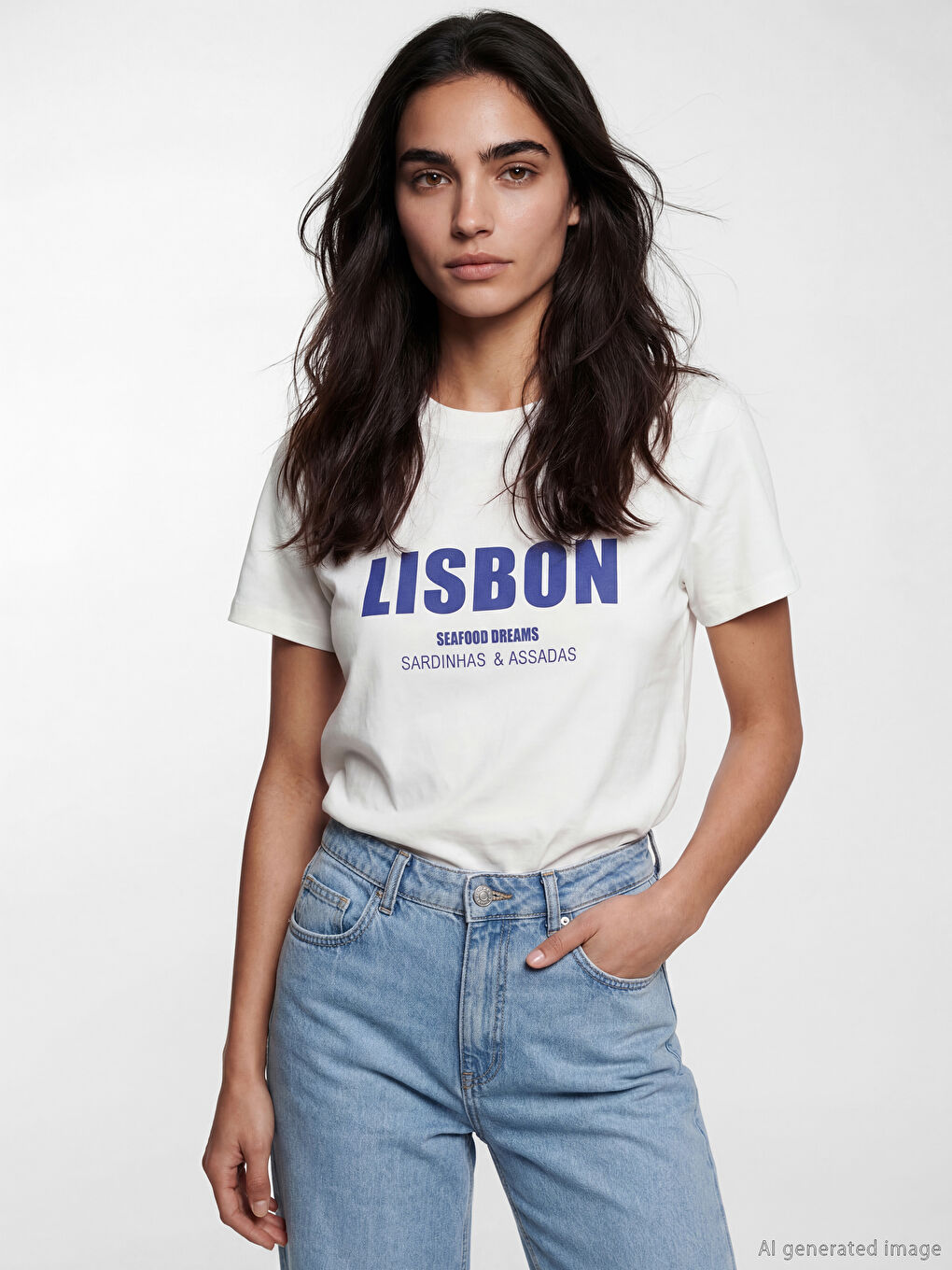 Beyaz Bisiklet Yaka Lisbon Baskılı Kadın Tişört