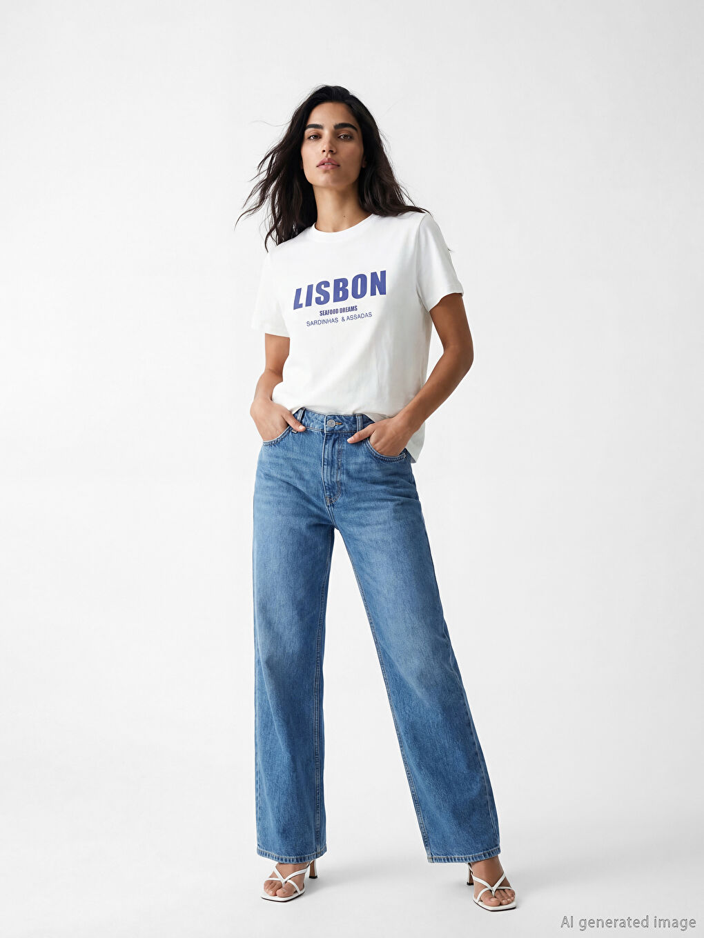 Beyaz Bisiklet Yaka Lisbon Baskılı Kadın Tişört-1