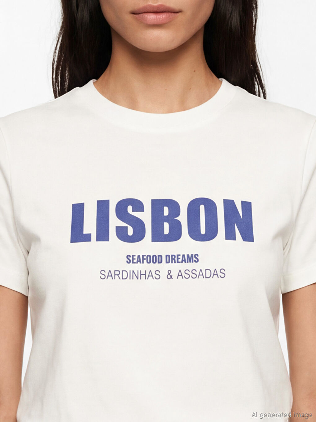 Beyaz Bisiklet Yaka Lisbon Baskılı Kadın Tişört-2