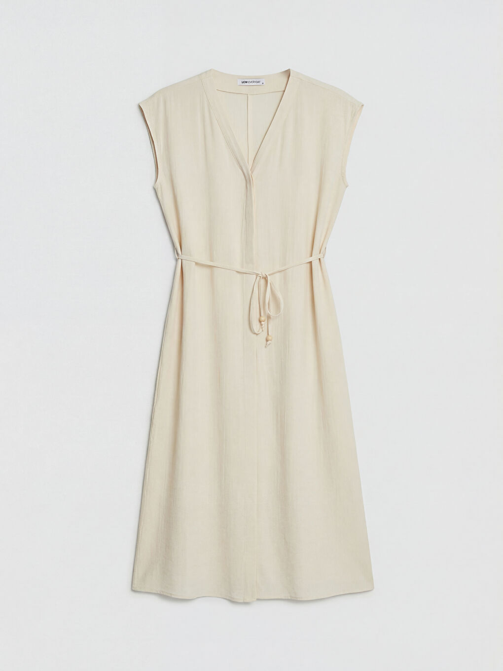 Ekru V Yaka Beli Kuşaklı Dokulu Elbise