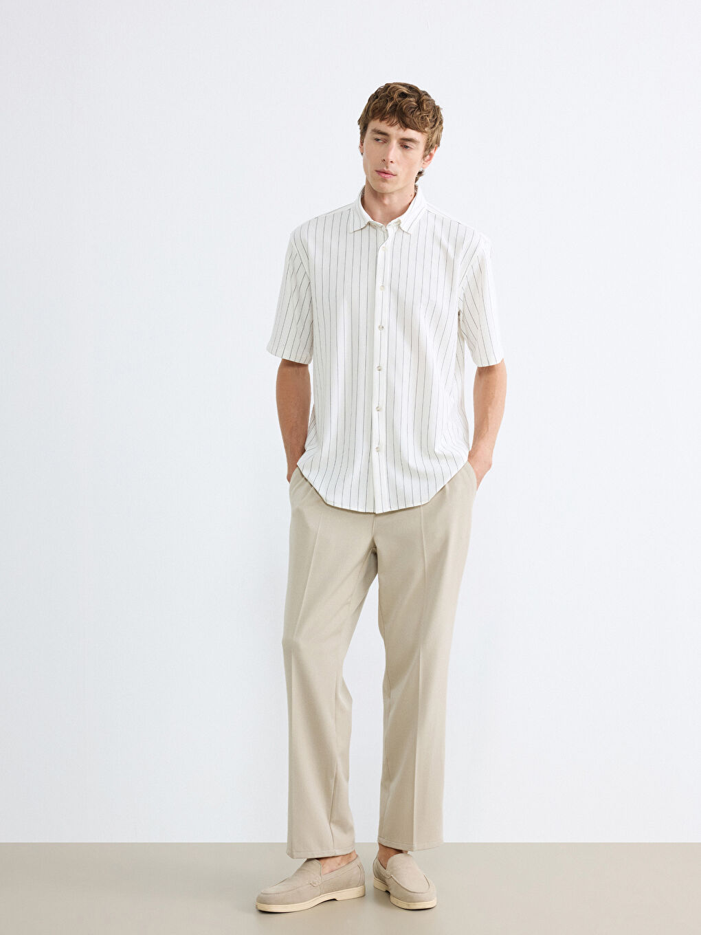 Ekru Regular Fit Çizgili Erkek Gömlek-1
