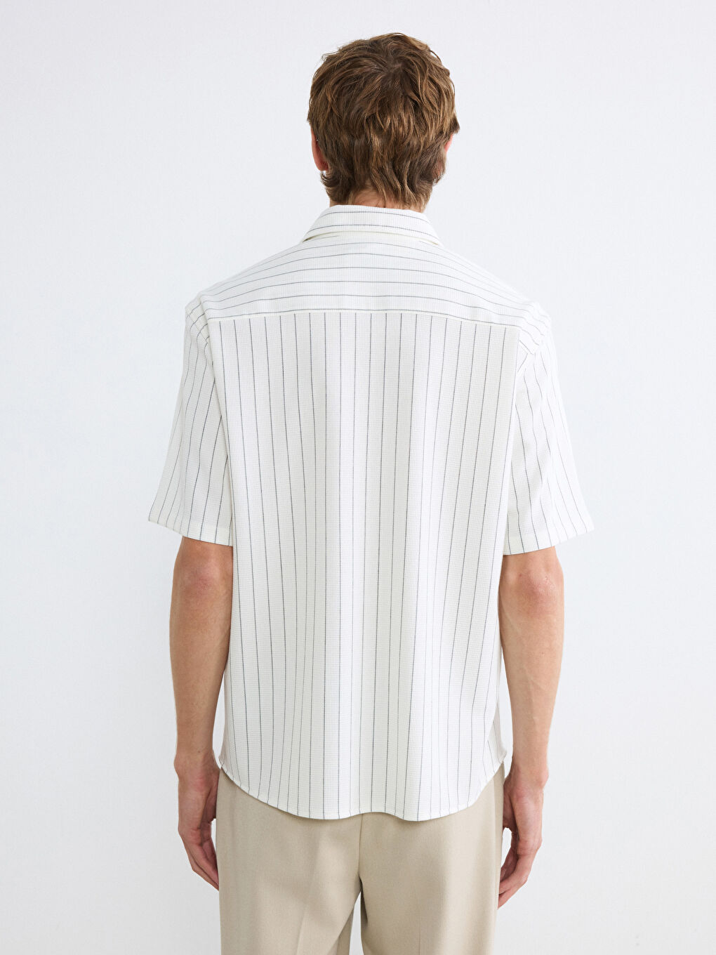 Ekru Regular Fit Çizgili Erkek Gömlek-3