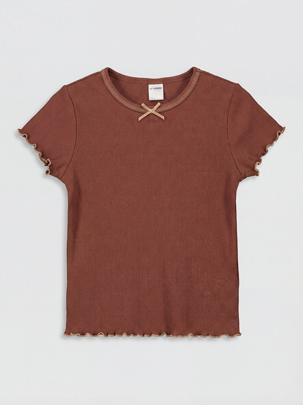 Kahverengi Bisiklet Yaka Fiyonk Detaylı Kız Çocuk Tişört